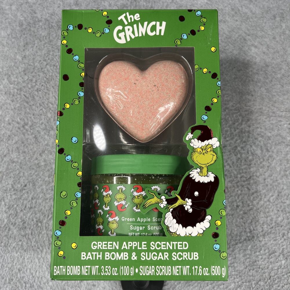 The Grinch Green Apple Scented Heart Bath Bomb & Sugar Scrub Set Christmas